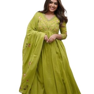 UmaiyaCrafts Women's Cotton Embroidered Long Anarkali Kurti with Pant and Dupatta Set